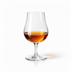 A clear tulip-shaped glass containing an amber-colored beverage on a white background