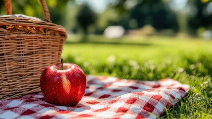 A red apple resting on a picnic blanket outdoors