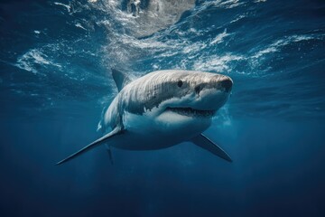 Fototapeta premium Great white shark in deep blue ocean