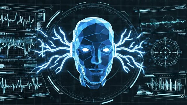 Futuristic artificial intelligence digital face robot electric energy cyber technology brain skull neural network machine learning data stream blue light sci fi virtual reality innovation