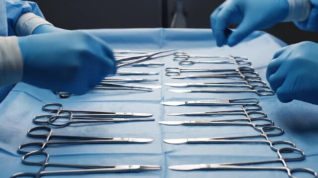 Close-up of blue-gloved hands arranging surgical scissors and forceps on a sterile blue surface in a medical setting.
