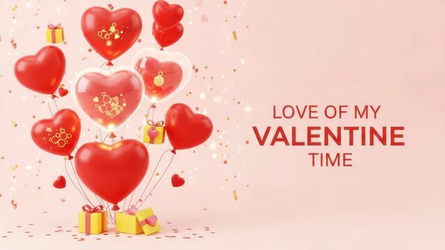 Heart balloons and gifts on pink background with love message