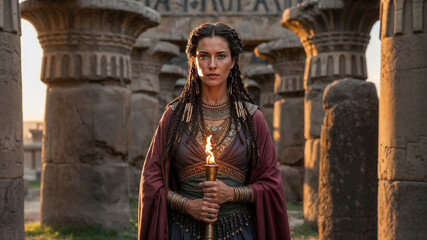Iberian noblewoman in traditional ornate costume with jewelry standing before ancient stone columns representing pre-Roman aristocracy