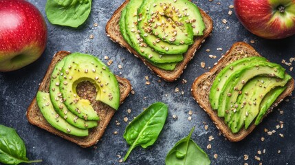 Overhead view of avocado toast spread on a dark table