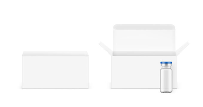 Transparent glass vial for injections with open and closed paperboard box mockup. Vector illustration isolated on white background. Can be use for medicine, cosmetic and other. Ready for your design. 