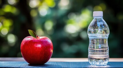 Red Apple and Water Bottle on Yoga Mat with Green Background