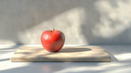 Red Apple on a Wooden Cutting Board in Bright Light
