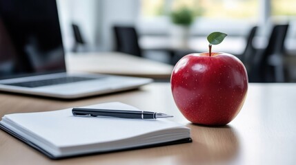 Red Apple on Notebook with Pen in Office Environment