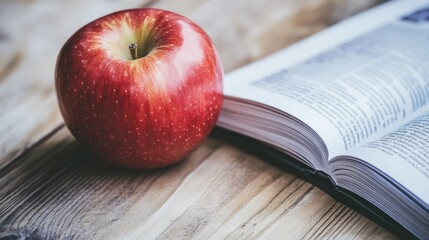 Red Apple Placed Beside an Open Book on a Wooden Table