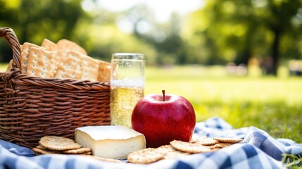 Red Apple With Cheese Crackers and Drink on Picnic Blanket