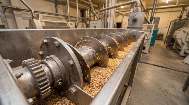 Industrial Screw Conveyor Processing Corn and Grain in Factory Mill