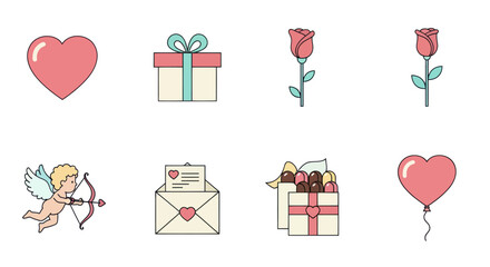 Valentine's Day Icons: Heart, Cupid, Rose, Gift Box, Love Letter, Balloon