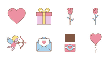 Valentine's Day Icons: Heart, Rose, Cupid, Gift Box, Love Letter, Balloon, Chocolate