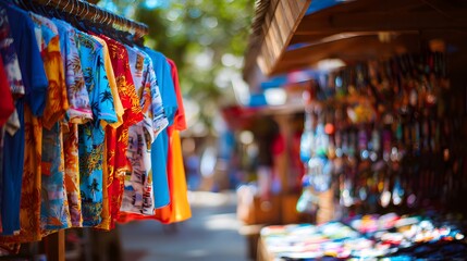 Obraz premium Vibrant market stall showcases colorful textiles and souvenirs under bright tropical sunlight a lively commercial scene