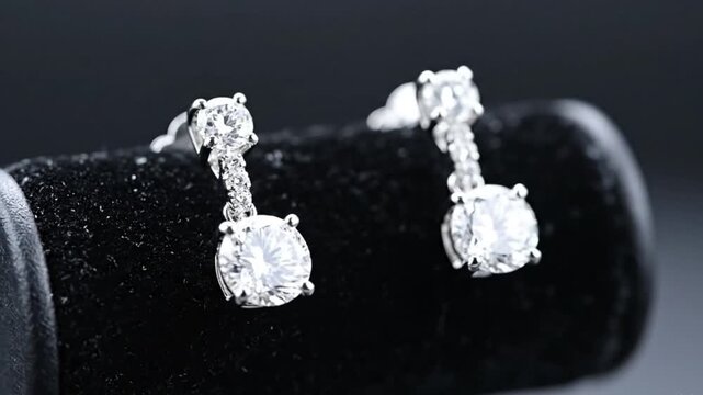 Exquisite diamond drop earrings in white gold or platinum on a black velvet display, showcasing brilliant round-cut stones and elegant luxury jewelry design.