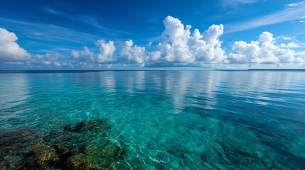 Clear turquoise ocean water with visible rocks beneath the surface, reflecting a bright blue sky filled with fluffy white clouds on a calm, sunny day