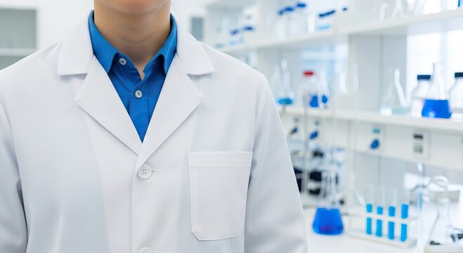 Professional researcher wearing a pristine white lab coat and a blue collared shirt stands focused in a well-equipped scientific laboratory. The background displays organized shelves stocked with labo