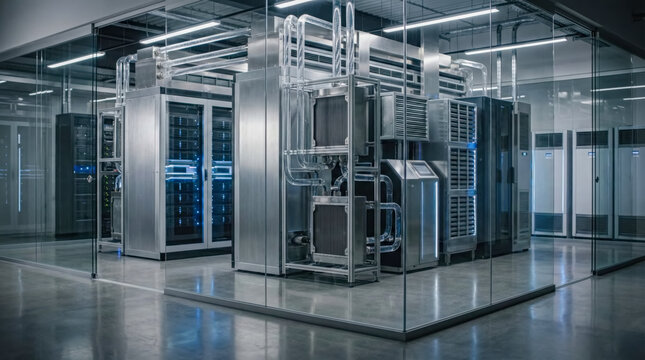 Modern data center with advanced liquid cooling systems and server racks