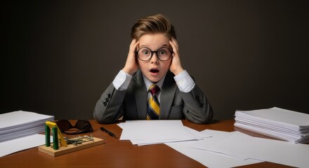 Overwhelmed at the Desk: A young boy, dressed in a business suit and glasses, sits at a desk cluttered with papers, his face expressing shock and surprise.