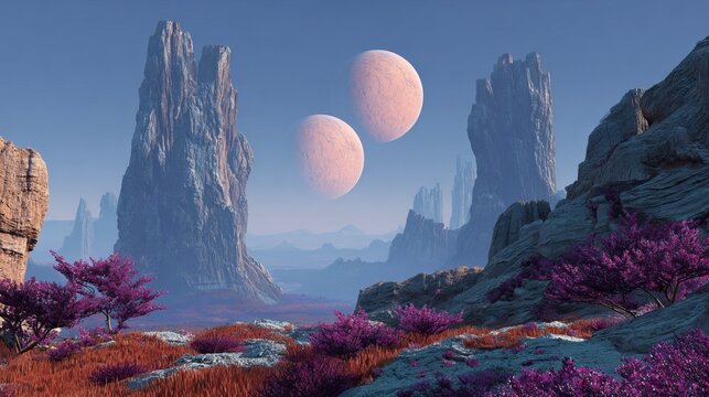Surreal alien terrain with distant moons and rocky plateaus