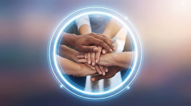 Diverse Team Hands Stacked Inside Glowing Digital Circle Technology Concept