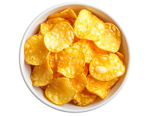 Bowl of golden potato chips seasoned with spices on transparent background
