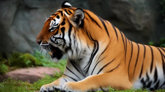 Majestic tiger stretching in a natural setting, showcasing its striking orange and black stripes. The tiger is a symbol of power and beauty