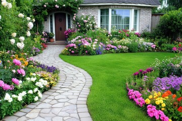 Obraz premium Garden Path: An inviting stone path leads to a charming house, surrounded by a vibrant display of colorful flowers and lush greenery, creating a welcoming and idyllic scene.