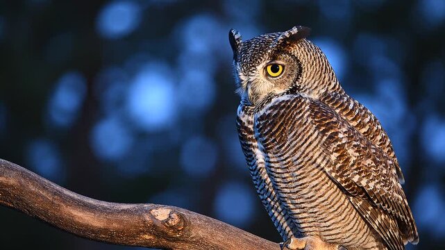 Brown owl perched on a tree branch against a blurred dark background with blue spots, looking left.