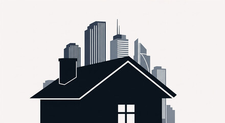 Fototapeta premium Minimalist black silhouette of a residential house with a modern city skyline background on white