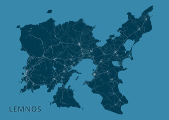 Lemnos Island Map with Road Network and Settlements