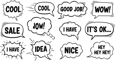 Fototapeta premium Collection of black and white comic speech bubbles with various phrases