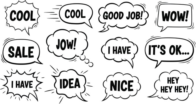 Collection of black and white comic speech bubbles with various phrases
