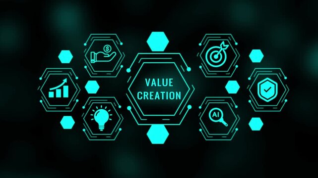 Bright cyan digital network of hexagonal illustrating value creation concepts such as growth, finance, ideas, AI, goals, and security on a dark blurred background