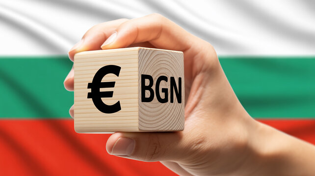 Close up of a hand holding a wooden cube with euro and BGN symbols against the Bulgarian flag background