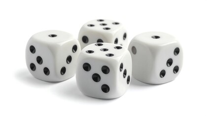 Four white, six-sided cubes with black dots, scattered on a white background. Each die shows a different number of dots