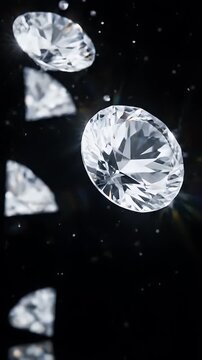 Shiny diamonds floating against a dark background with sparkling reflections