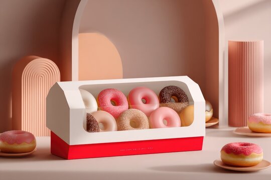 Colorful donuts in a red & white display box