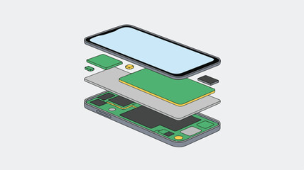 Exploded View of Smartphone Components Showing Internal Circuitry and Screen Layers mobile phone technology