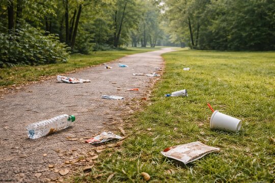 Litter scattered on park grass and path plastic bottle and paper cup before cleanup environmental problem concept realistic daylight no people