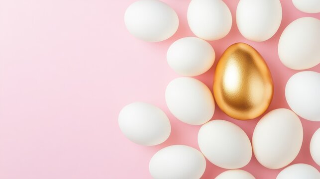 Golden Egg Among White Eggs: A single golden egg nestles amongst a cluster of white eggs, symbolizing uniqueness and value against a soft pink backdrop.
