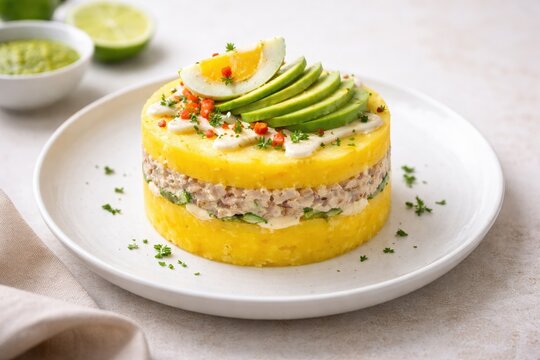 Photorealistic causa rellena served on white ceramic plate traditional Peruvian layered dish with yellow potato avocado and tuna clean food styling natural daylight restaurant presentation