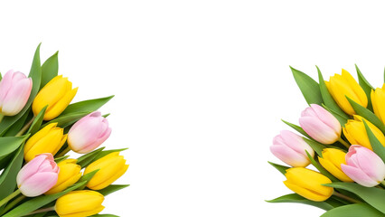 Beautiful arrangement of pink and yellow tulips framing an empty space floral border isolated on transparent background © ELIAS