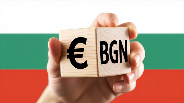 Hand holding a wooden cube with euro and BGN symbols in front of the Bulgarian flag waving gently