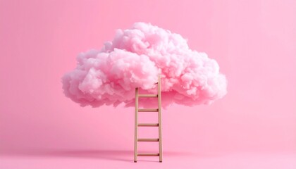 wooden ladder reaching into a fluffy pink cloud on a pink background conceptual image representing imagination hope or pursuing dreams creative