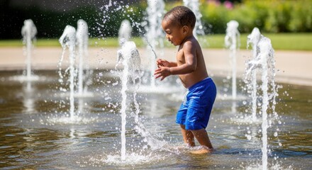 Joyful Summer Days: A young child with joyful expression plays amidst a cascading water fountain, delighting in the refreshing spray. Capturing the pure bliss of a summer day.