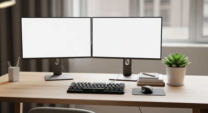 Dual Monitors on a Modern Desk: A sleek, modern workstation setup featuring two blank computer screens, ready for content, and placed on a wooden desk with a keyboard, mouse.