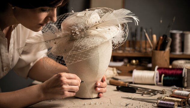 Medium shot of an artisan carefully shaping a handblocked couture fascinator with intricate net veils highlighting delicate craftsmanship and elegant headpiece design.