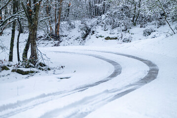 Fototapeta premium Tire tracks on a winding snowy road in a forest The Concept of Journey