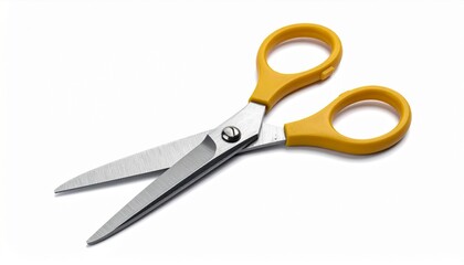 Bright yellow handled scissors on white background